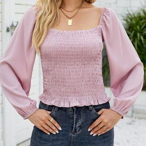 Solid color square neck long sleeve chiffon shirt top